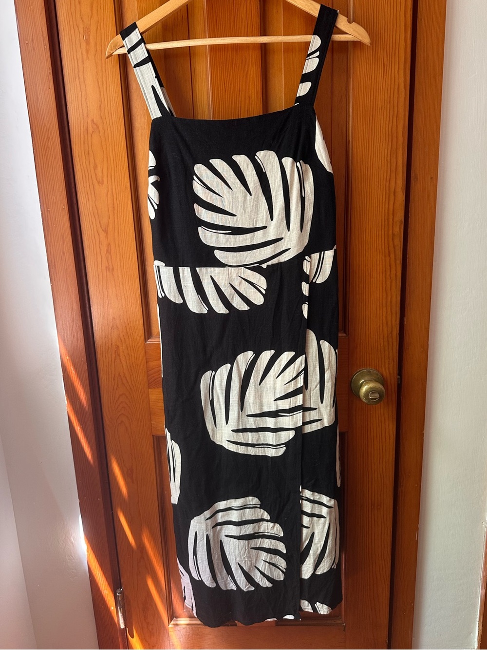 Nine West Black & Cream Linen Blend Tropical Palm Sleeveless Midi Dress Size M
